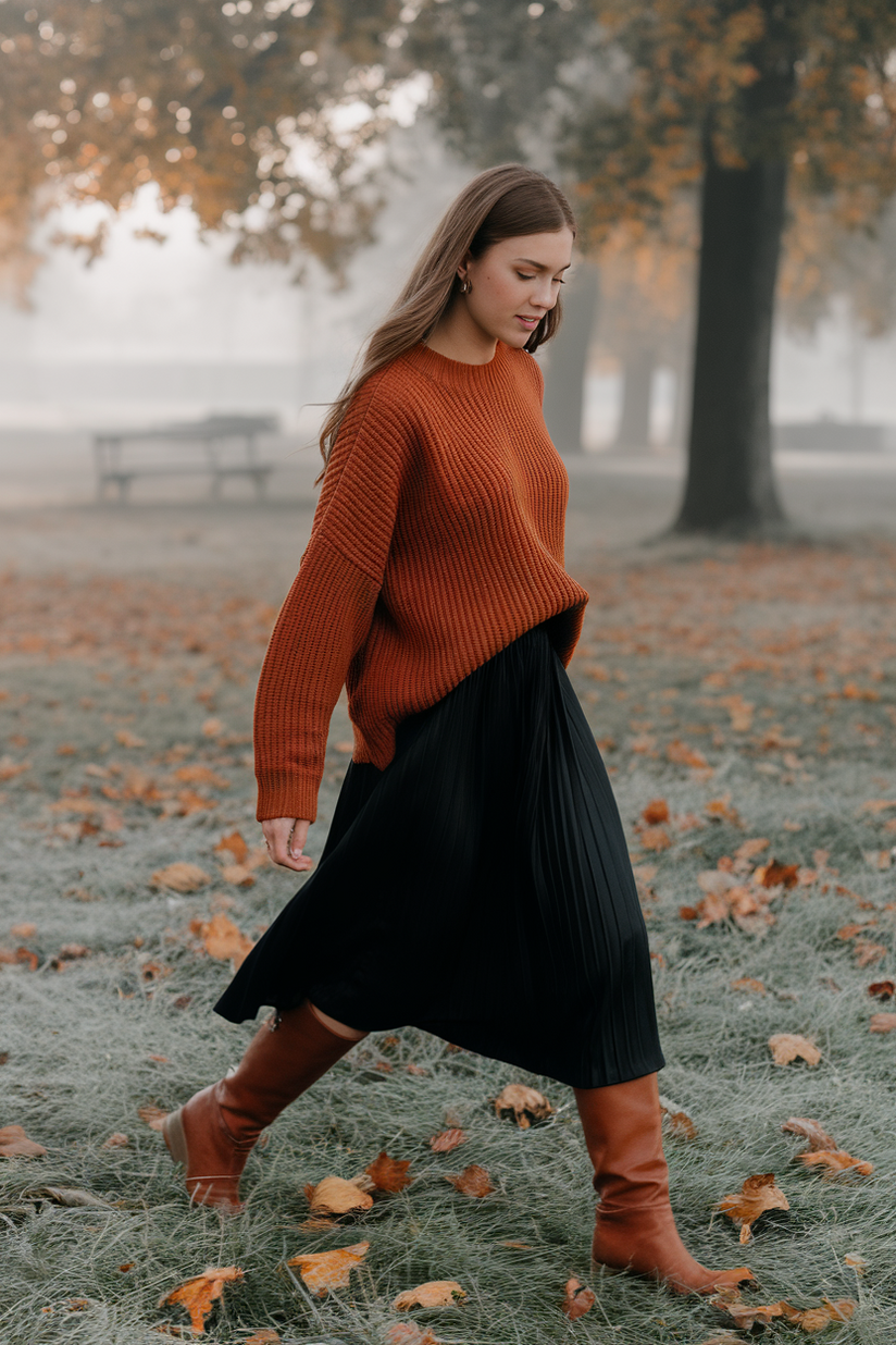 Rust-orange sweater with a black pleated skirt and brown knee-high leather boots.