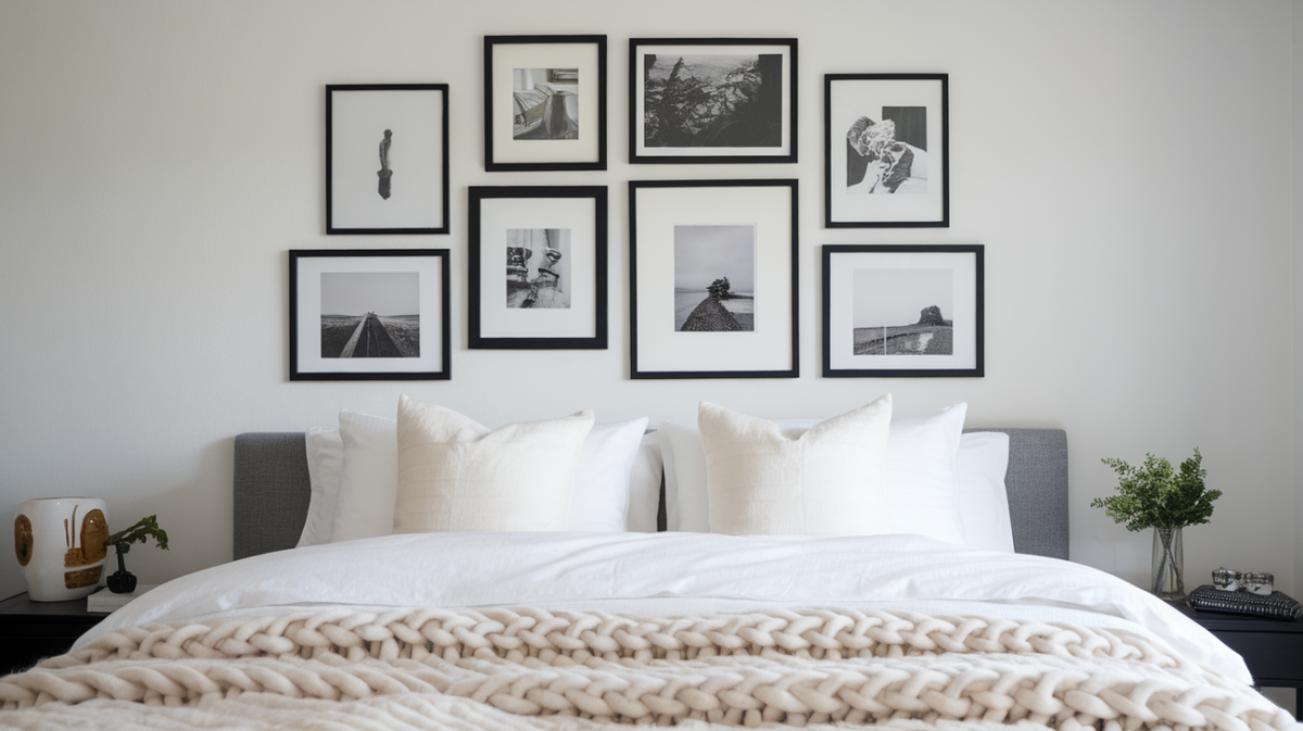 A bedroom with a gallery-style photo wall featuring black and white frames above a bed with white linens and a chunky knit throw.