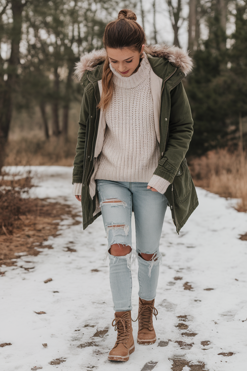 Brown combat boots styled with light-wash jeans, a chunky white sweater, and a green parka, designed for a casual winter look.