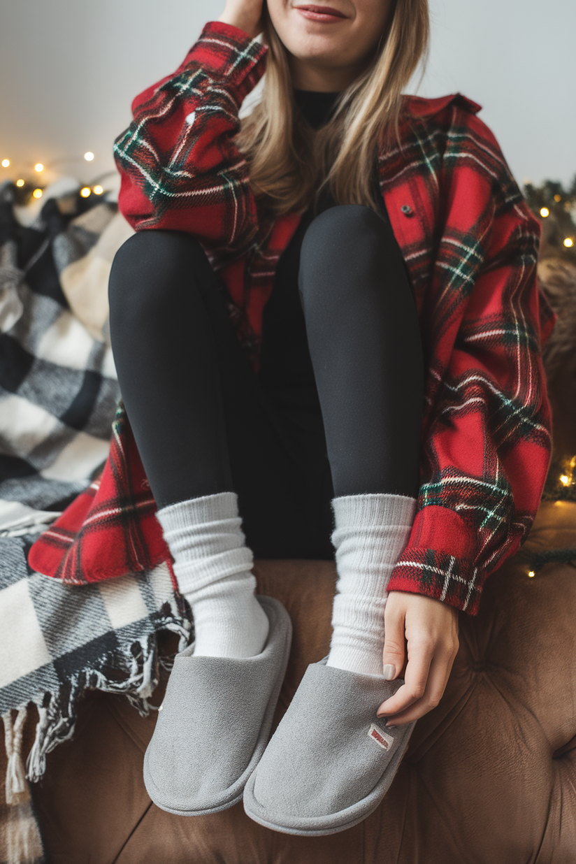 Woman in black leggings and plaid shirt lounging on a couch with holiday lights in the background.