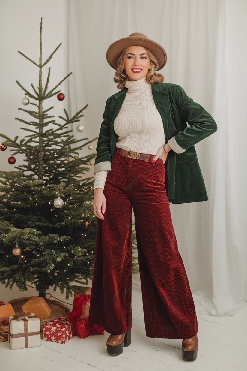 Woman in red corduroy pants, cream sweater, and green blazer near a retro Christmas tree.