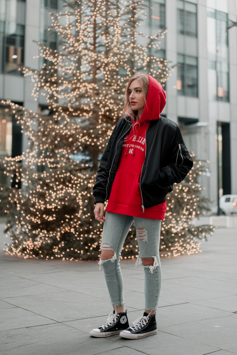 Woman in black Converse, skinny jeans, red hoodie, and black jacket near a festive city Christmas tree.