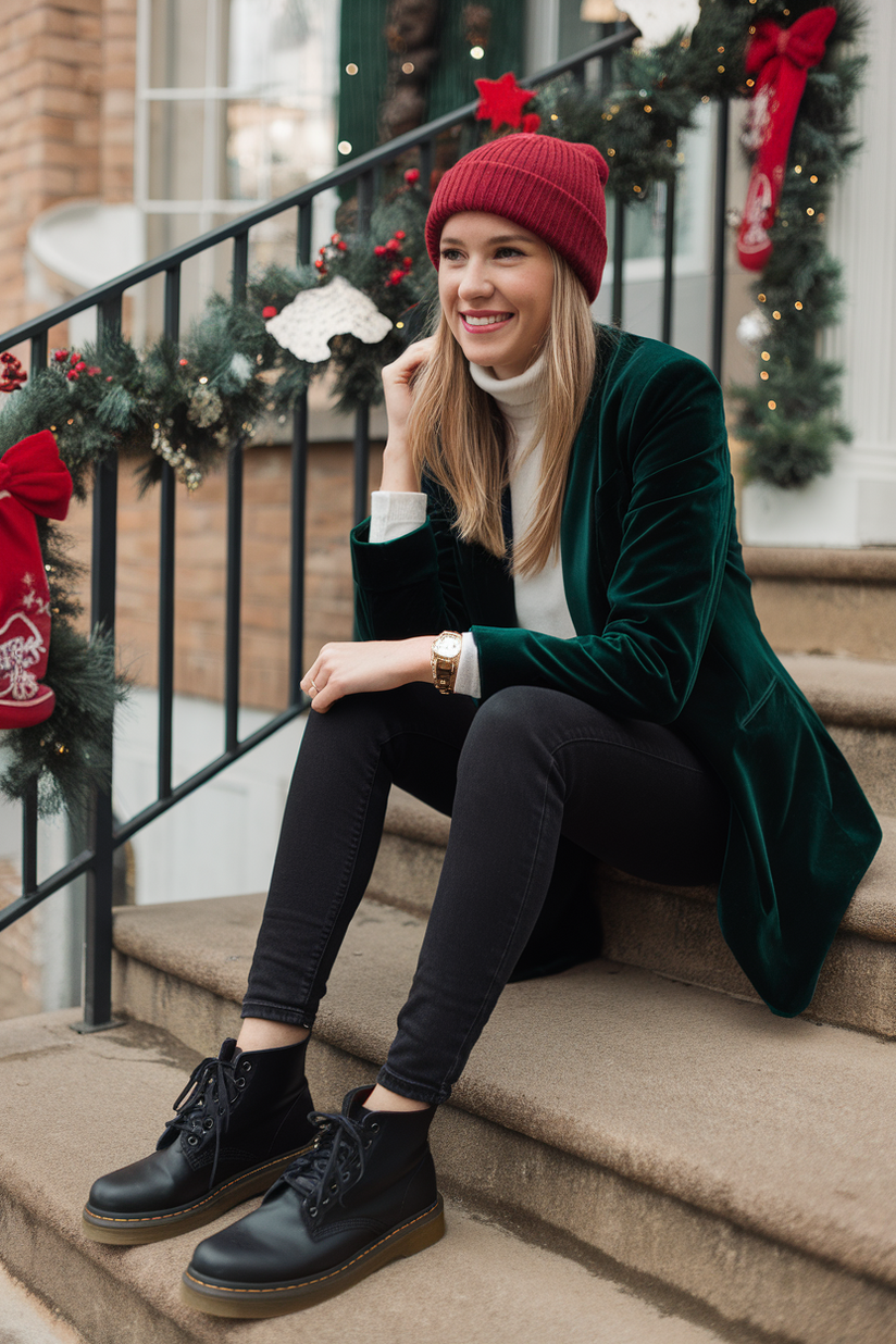 Woman in black Doc Martens, black jeans, green velvet blazer, and red beanie near Christmas-themed decor.