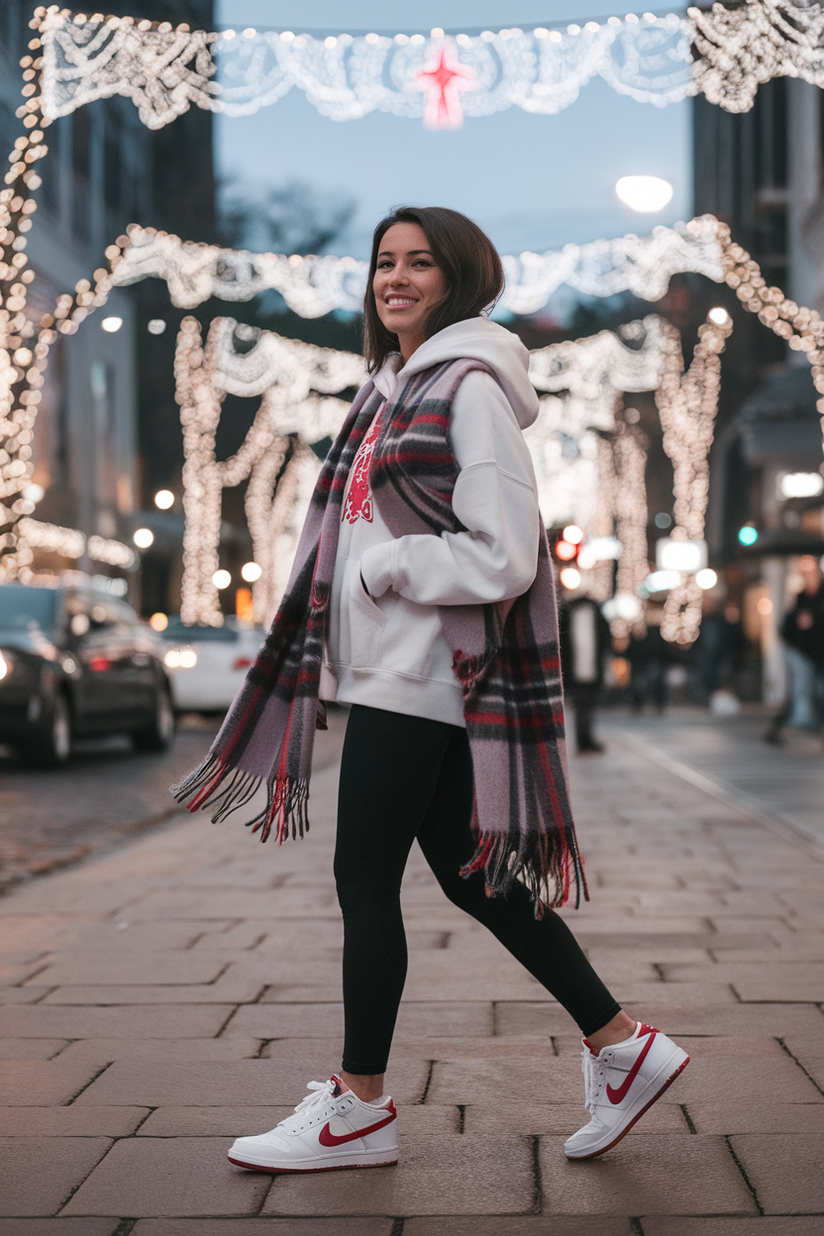 Woman in red and white sneakers, black leggings, and white hoodie on a festive city street.