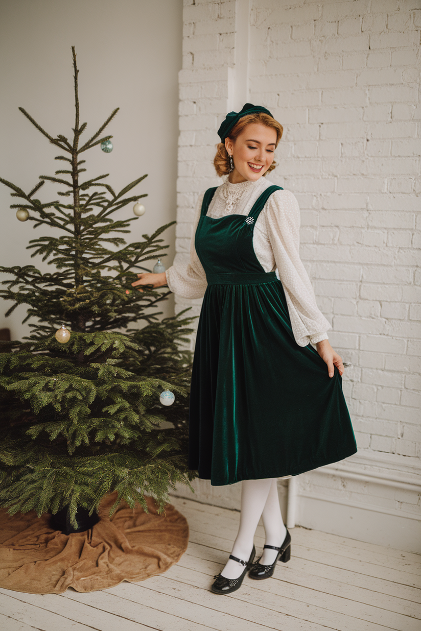 Woman in black Mary Janes, white tights, and green velvet pinafore dress near a vintage Christmas tree.