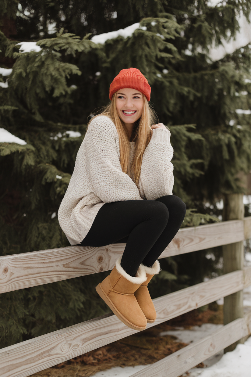 Woman in tan Ugg boots, black leggings, and white sweater near snow-covered trees.