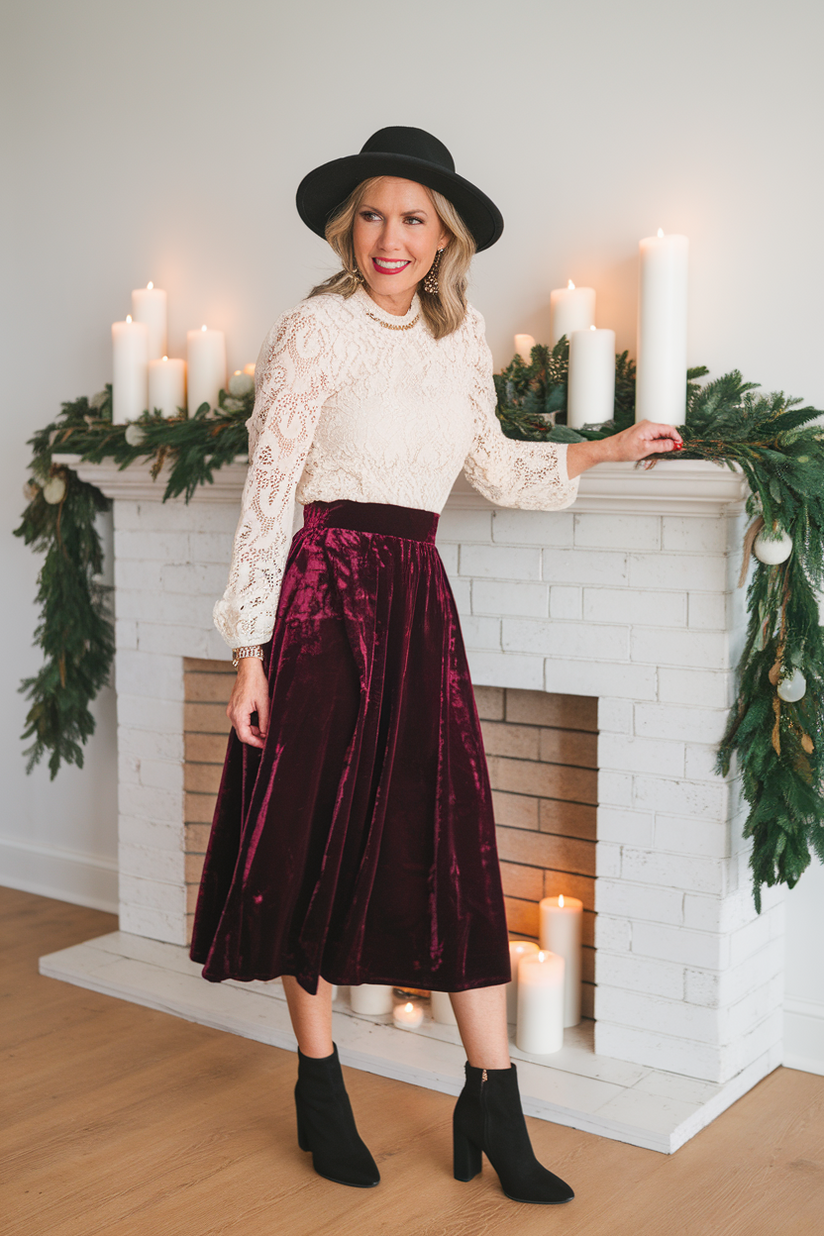 Woman in a burgundy velvet skirt, cream blouse, and black ankle boots near a holiday mantel.