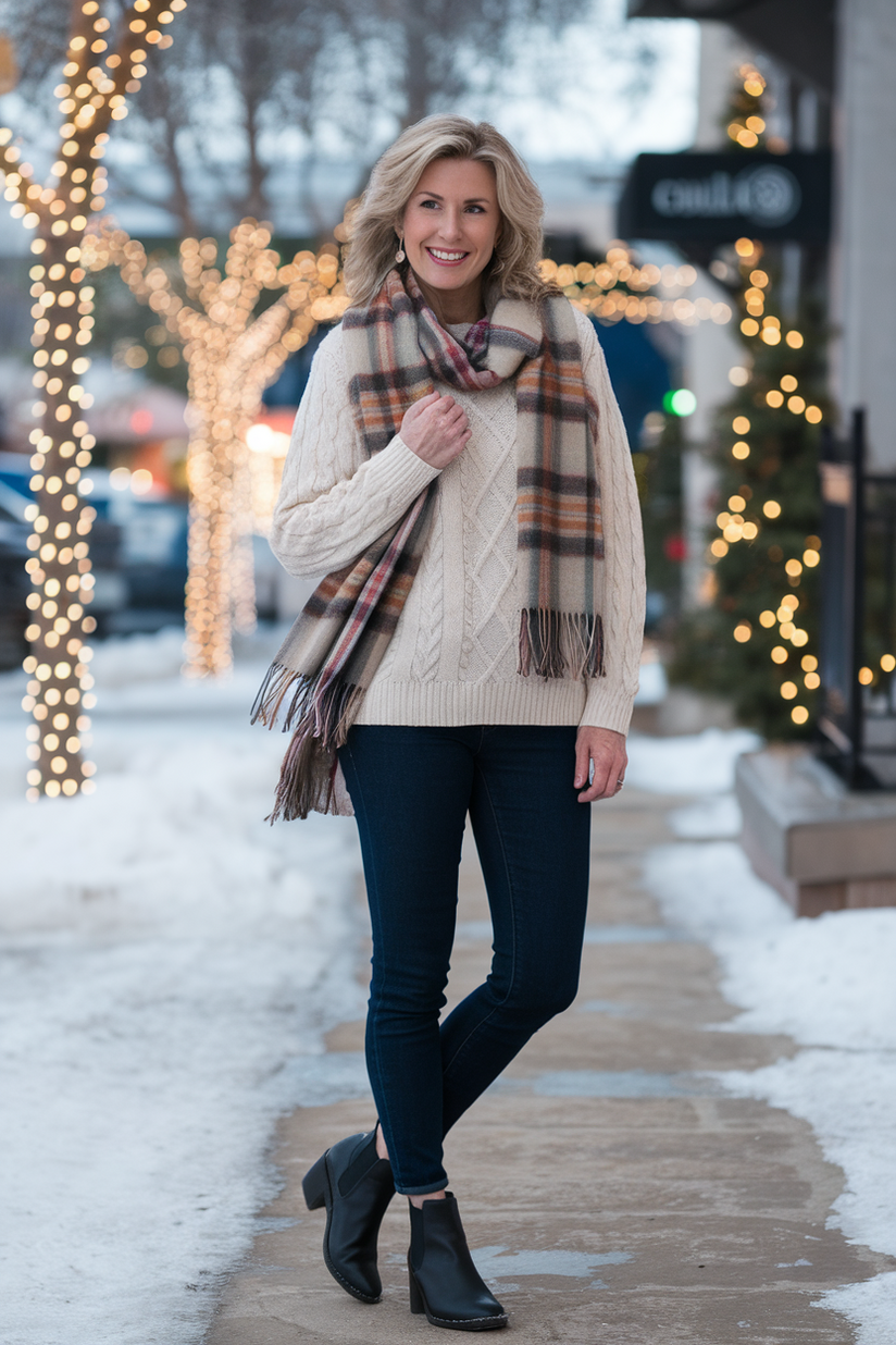 Woman in black ankle boots, dark jeans, cream sweater, and plaid scarf in a snowy holiday setting.