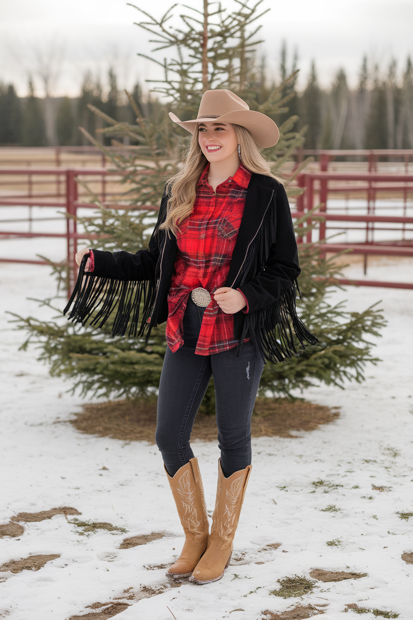 Woman in tan cowgirl boots, red flannel shirt, and black jacket near a Christmas tree on a snowy ranch.