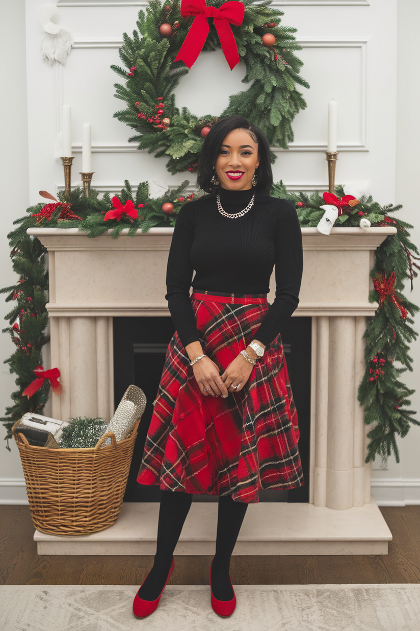 Woman in red flats, plaid skirt, and black sweater by a festive fireplace.