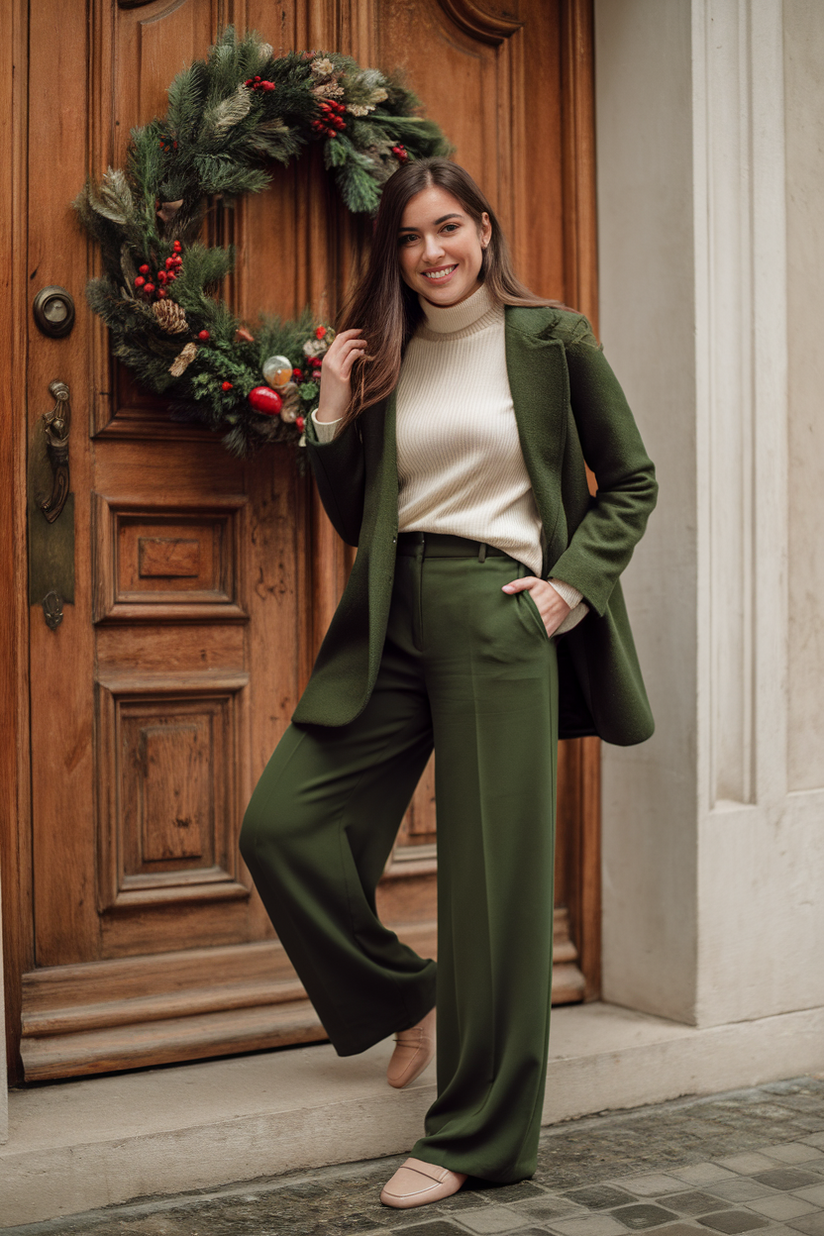 Woman in green trousers and cream sweater near a festive wooden door with a holiday wreath.