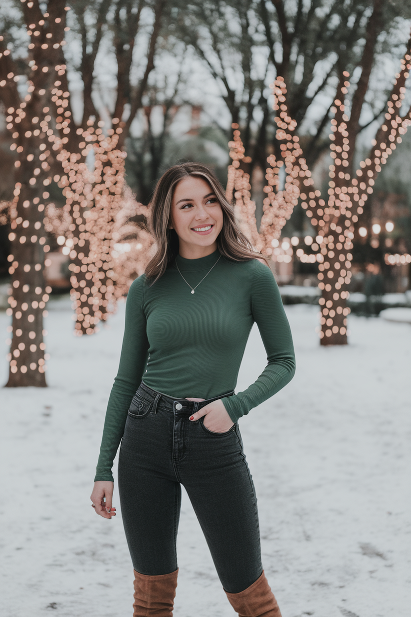 Woman in green top, dark jeans, and brown boots in a snowy park with Christmas lights.