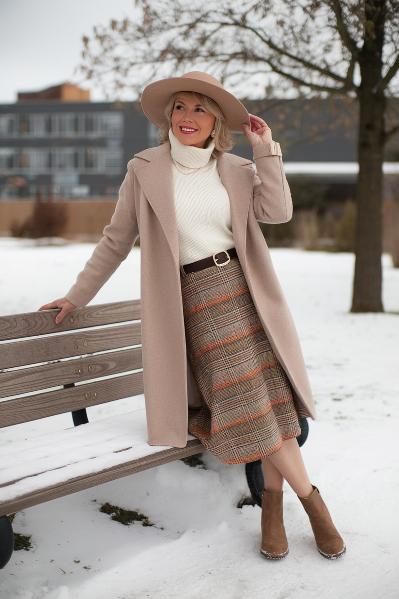 Woman in a beige felt hat, cream sweater, plaid skirt, and brown boots near a snowy bench.