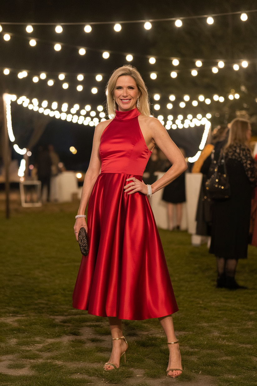 Woman in gold heels and a red satin dress under festive string lights.