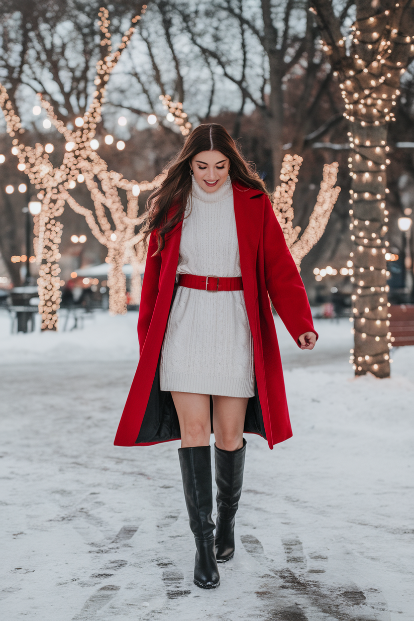 Woman in black knee-high boots, white sweater dress, and red coat in a snowy park.