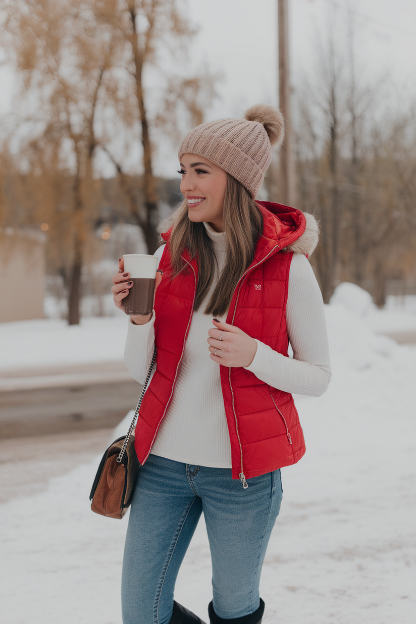 Woman in a red puffer vest, white thermal, and jeans holding hot chocolate in a snowy setting.