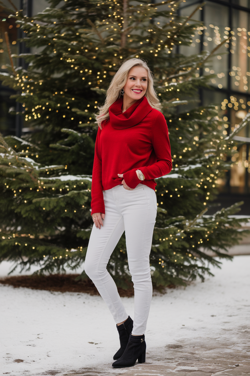 Woman in white jeans, red sweater, and black boots near a snow-covered Christmas tree.