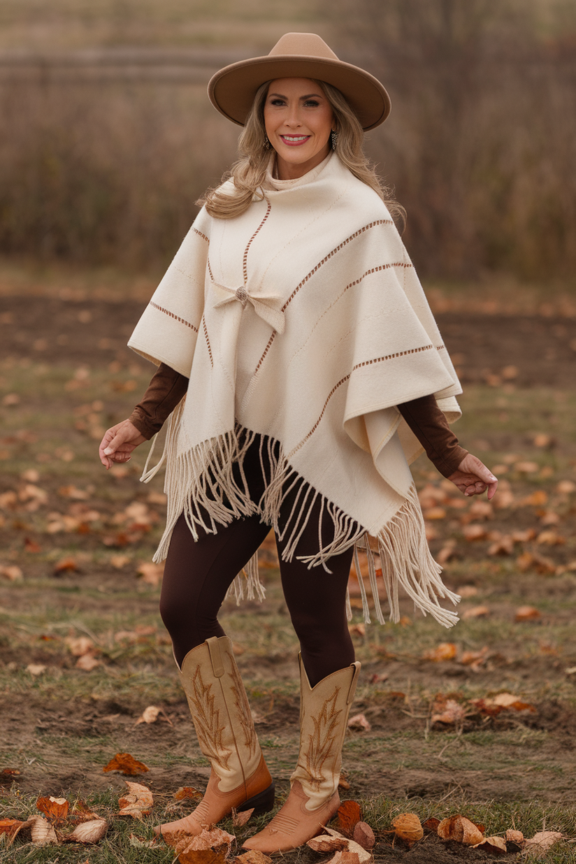 Tan cowboy boots styled with dark brown leggings and a cream fringed poncho, perfect for a fall-to-winter rustic setting.