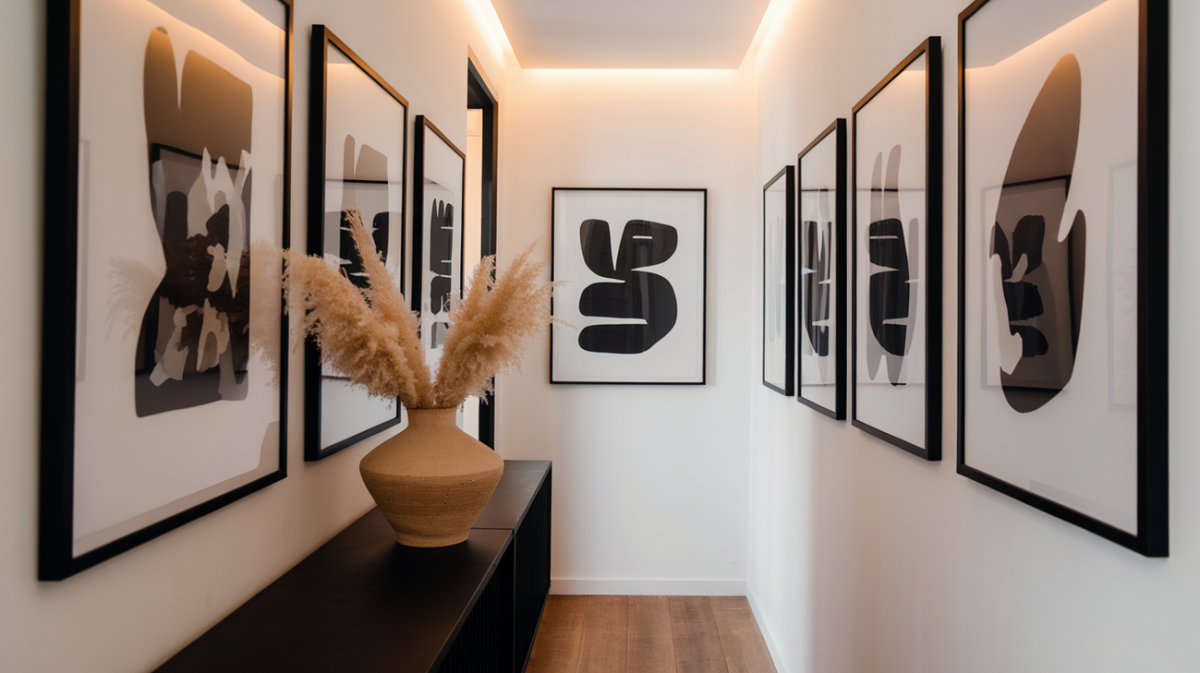 A hallway with black-and-white abstract art on white walls and a black console table with a ceramic vase of pampas grass.