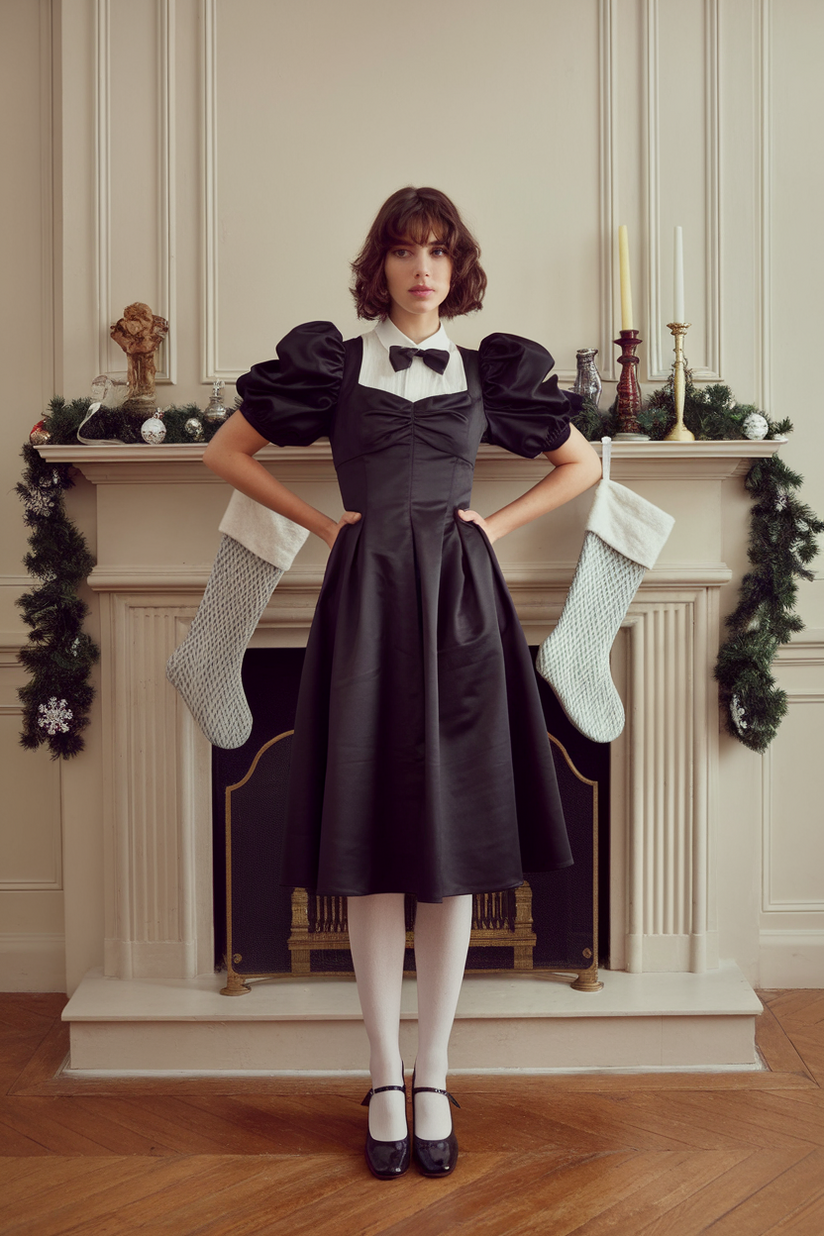 Woman in a black satin dress, white tights, and Mary Jane shoes by a holiday-decorated fireplace.