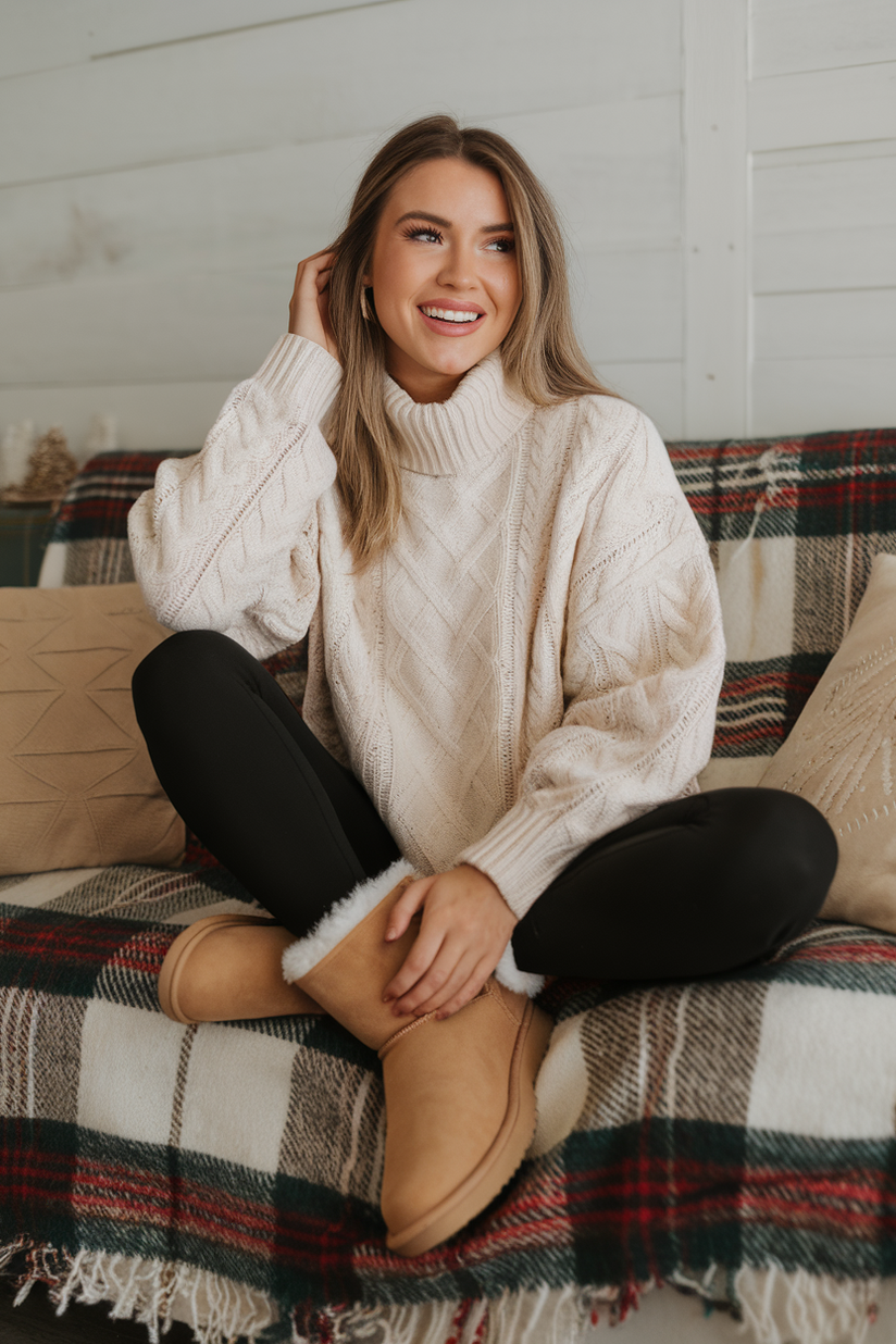 Woman in a cream sweater, black leggings, and tan Ugg boots on a cozy holiday-themed couch.