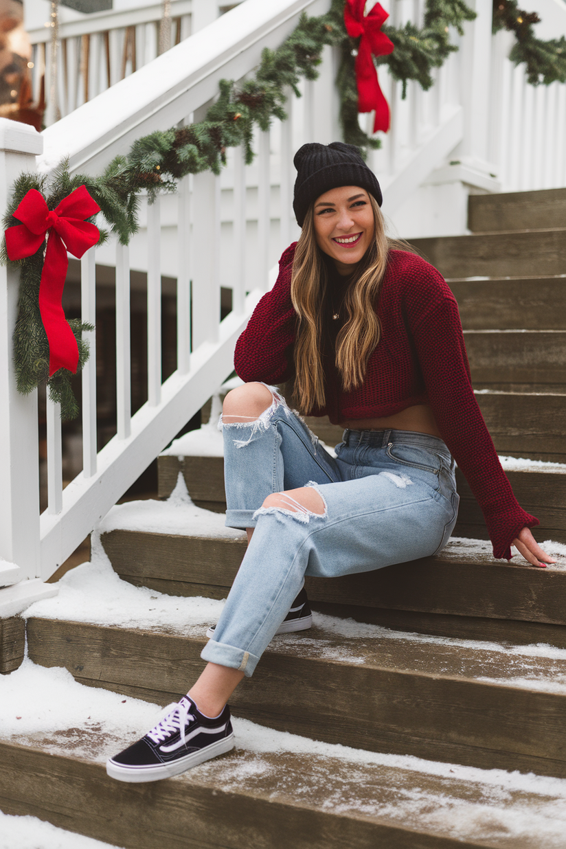 Woman in a red sweater, blue jeans, and Vans sneakers on a snowy staircase with a wreath.