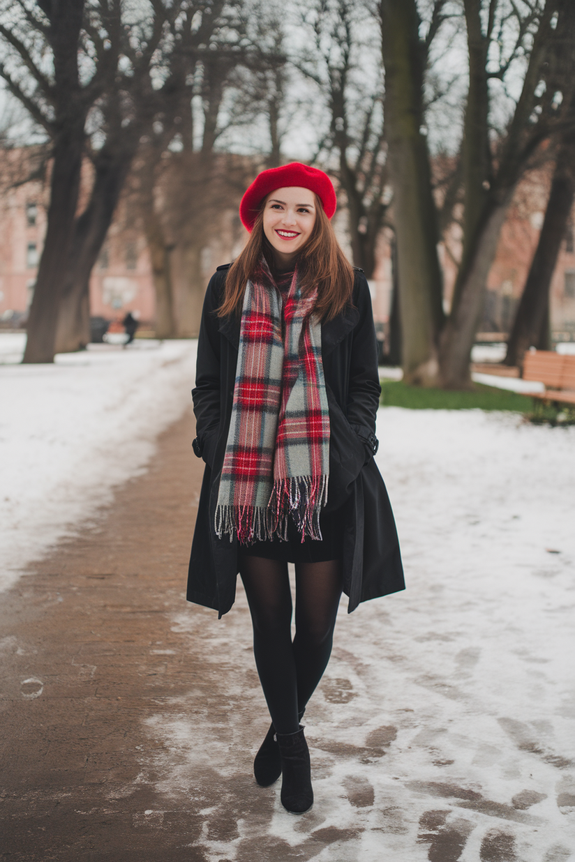 Woman in a red beret, black coat, and plaid scarf on a snowy park pathway.