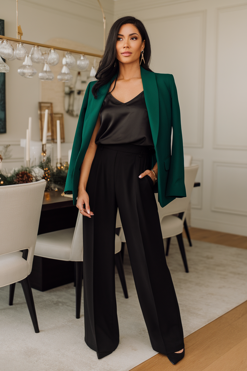 Woman in a green blazer, black trousers, and black heels in a holiday-decorated dining room.