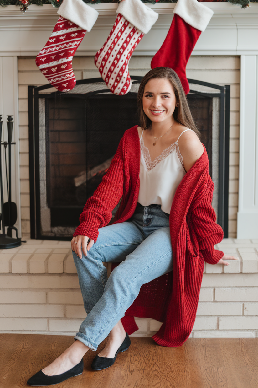 Woman in a red cardigan, white camisole, and jeans sitting by a holiday-decorated fireplace.