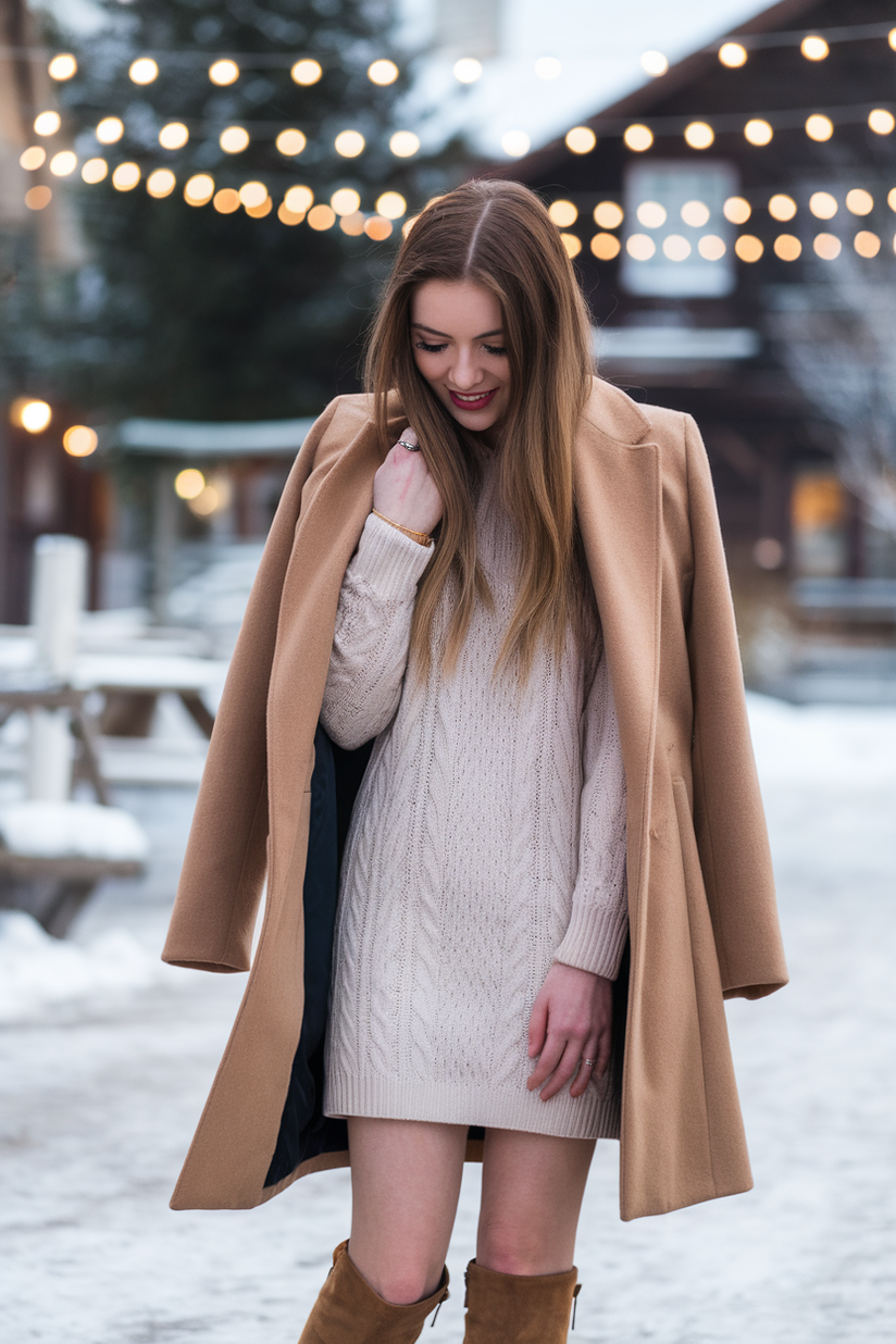 Woman in a camel coat, white dress, and brown boots in a snowy, festive village square.