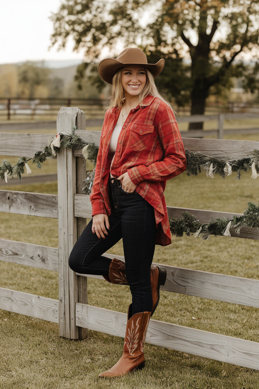 Woman in a red flannel shirt, jeans, and cowboy boots near a festive wooden fence.