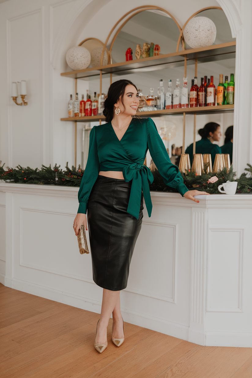 Woman in a green satin top, black skirt, and gold pumps by a festive bar.