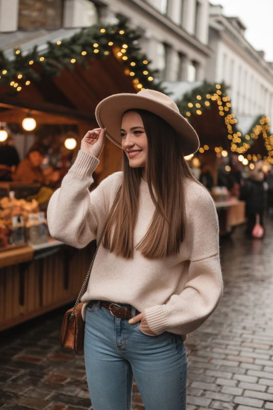 Woman in a beige hat, cream sweater, and jeans on a holiday-themed street.