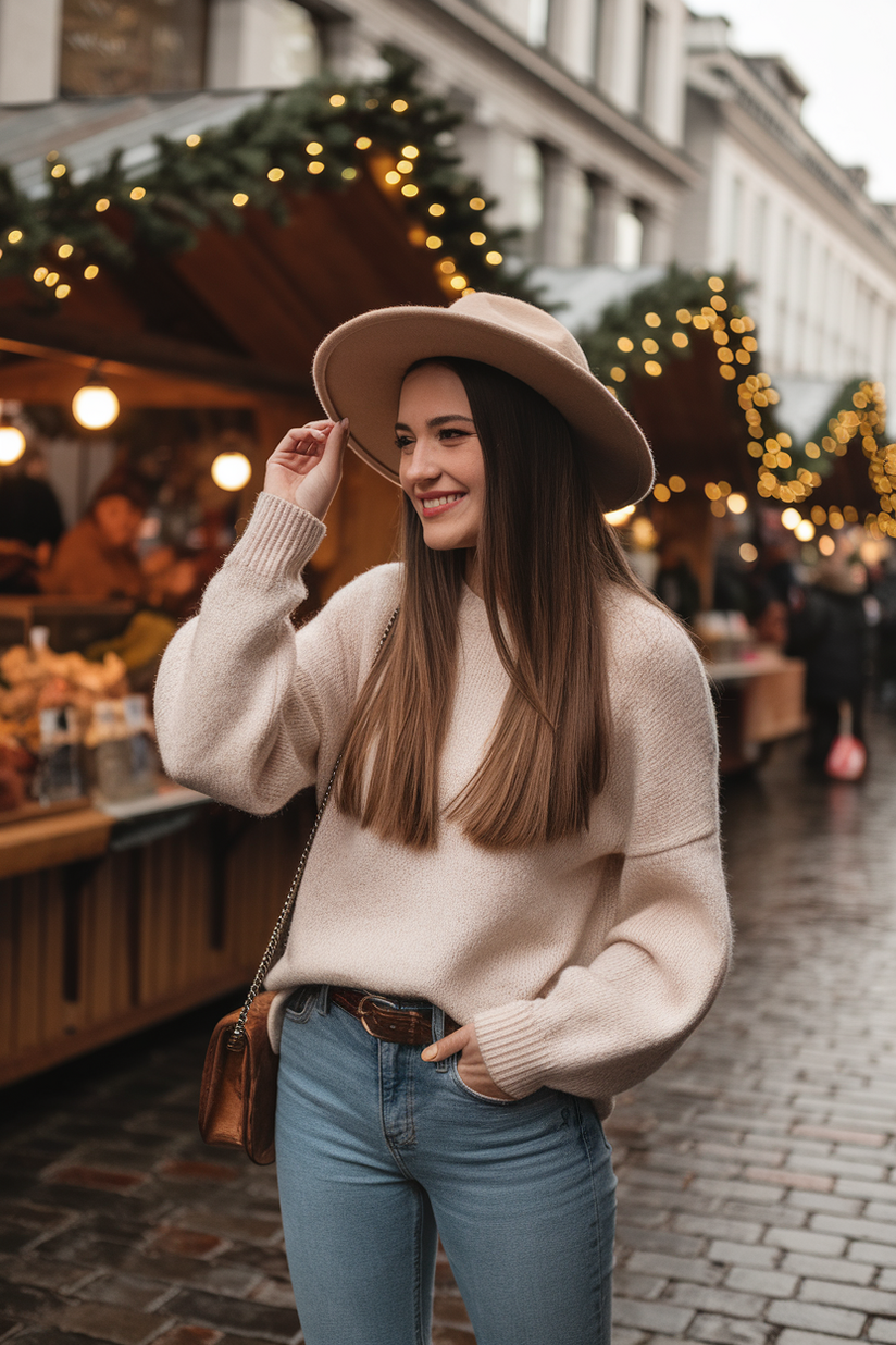 Woman in a beige hat, cream sweater, and jeans on a holiday-themed street.