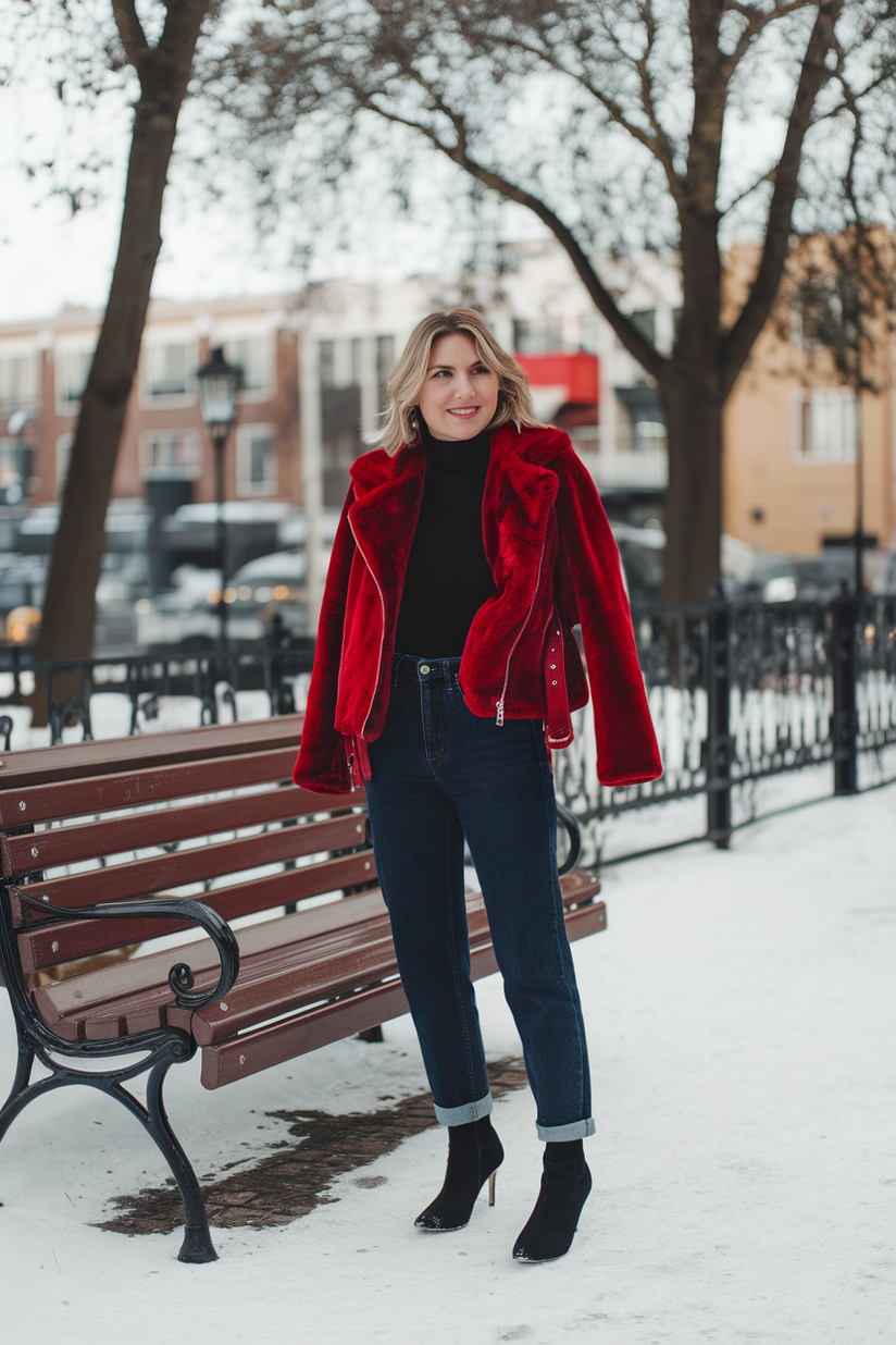 Woman in a red faux fur jacket, jeans, and black ankle boots in a snowy park.