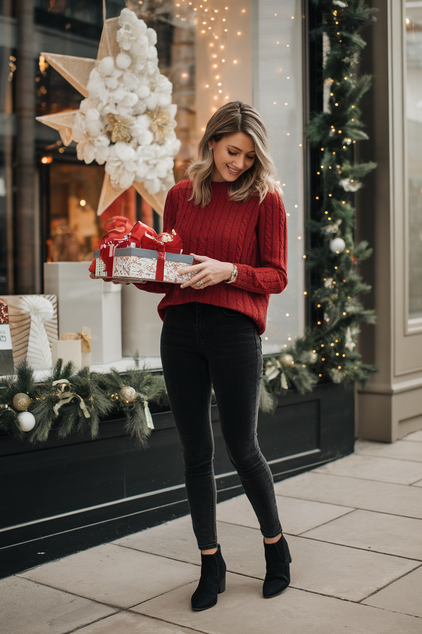 Woman in a red sweater, dark jeans, and black boots holding a holiday gift box.