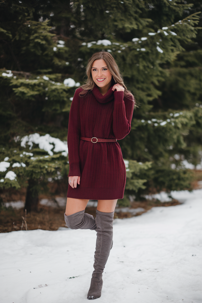 Woman in a burgundy sweater dress and gray over-the-knee boots in a snowy forest.