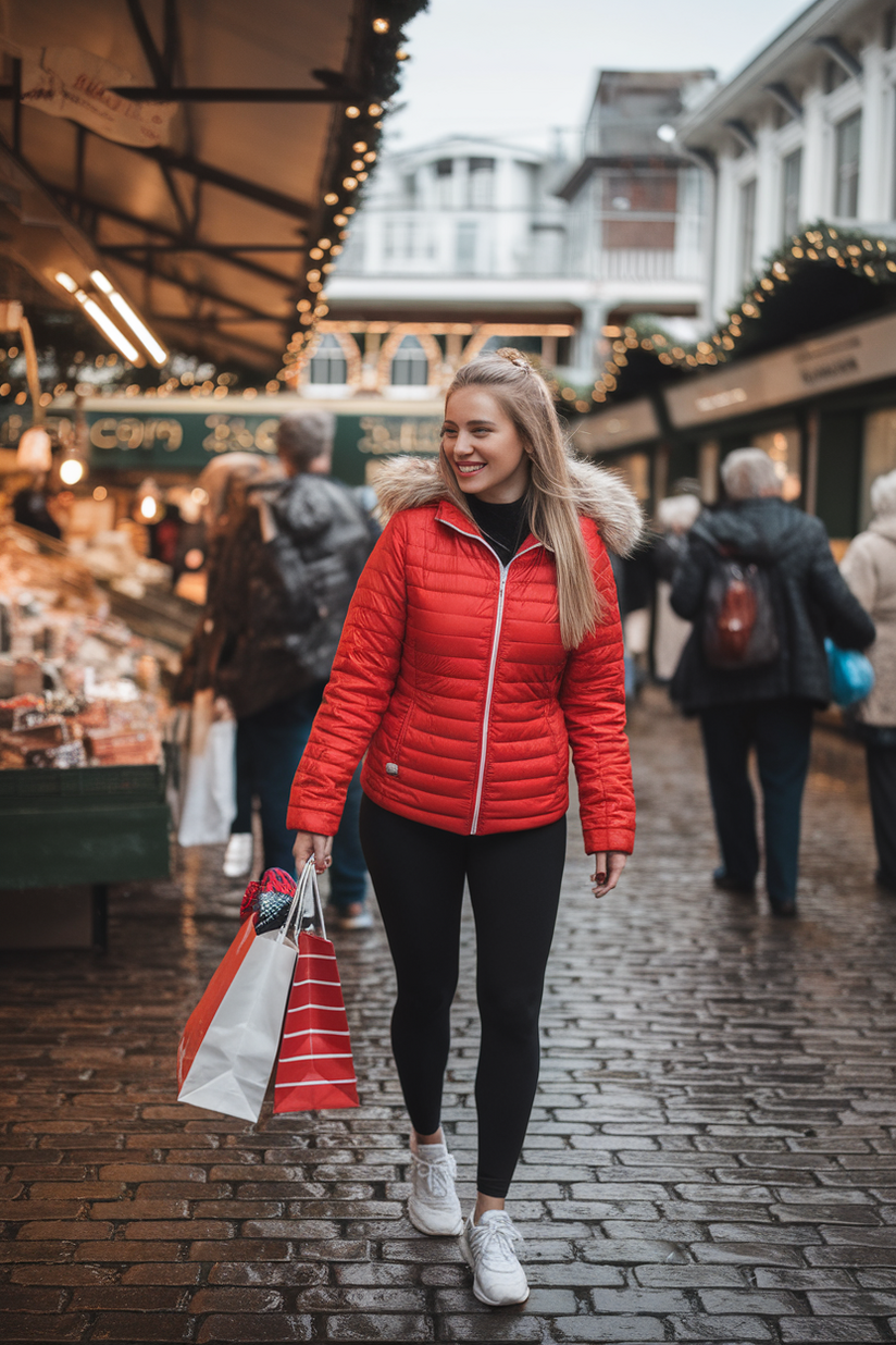 Woman in a red puffer jacket, black leggings, and white trainers holding a holiday bag.