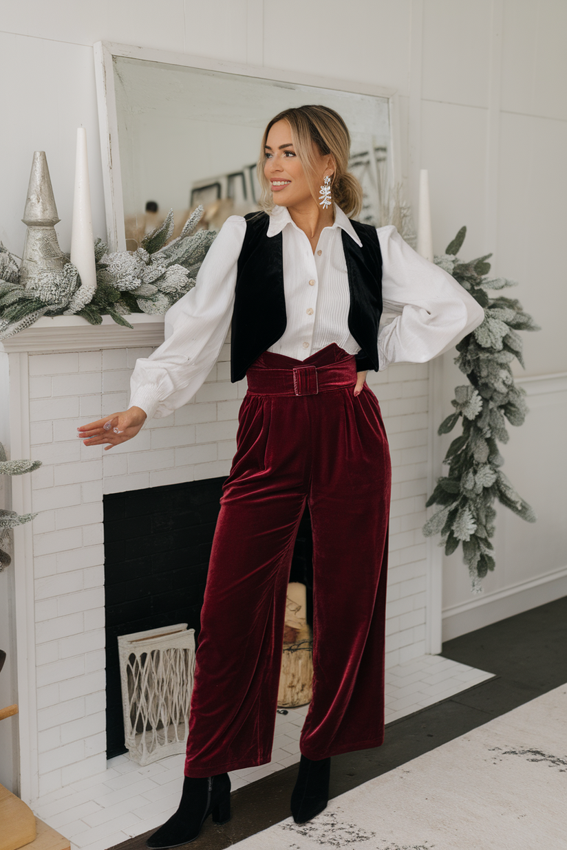 Woman in a black vest, white shirt, red pants, and ankle boots by a festive mantel.