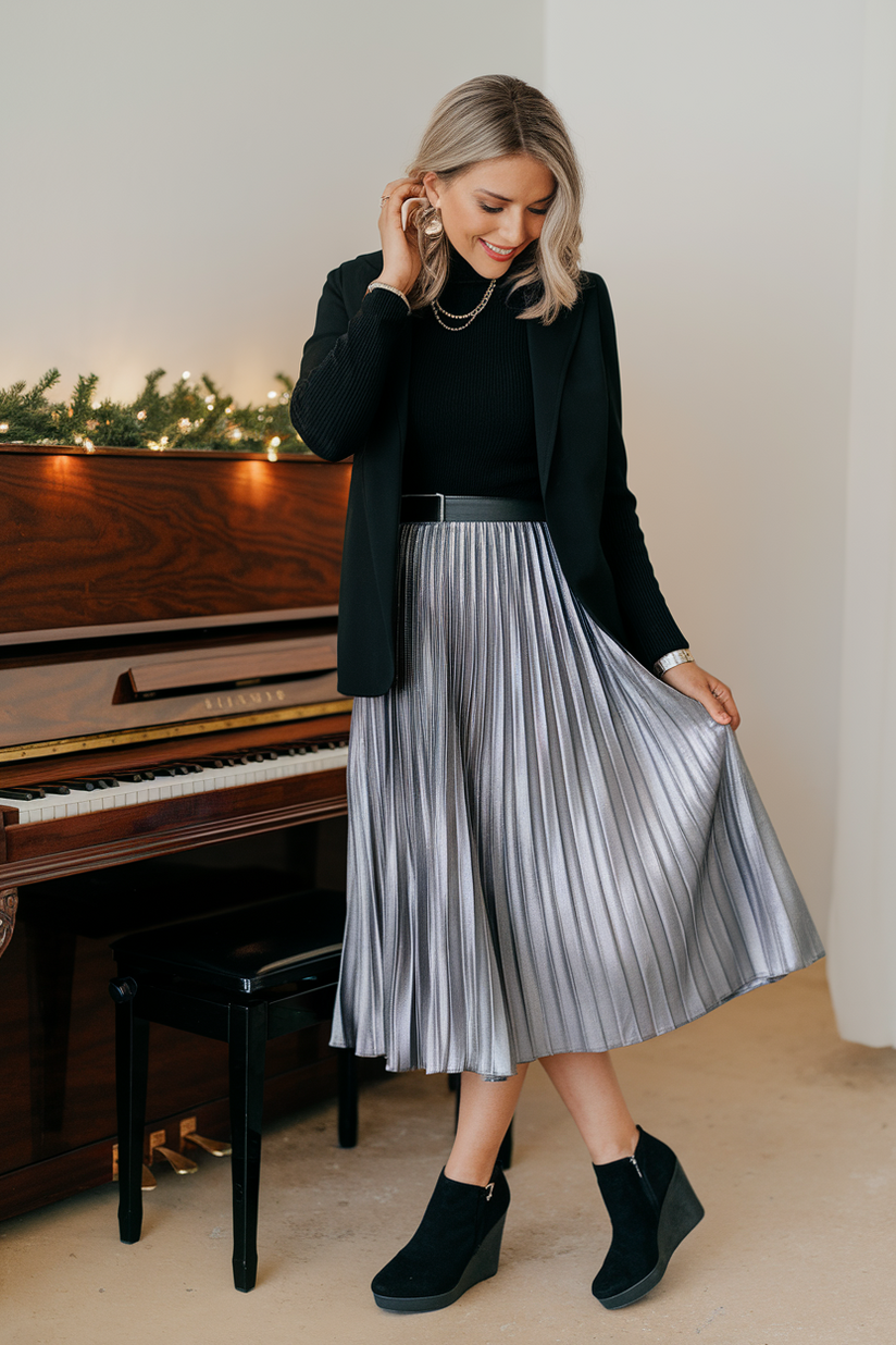 Woman in a silver skirt, black sweater, and wedge shoes near a piano with holiday lights.