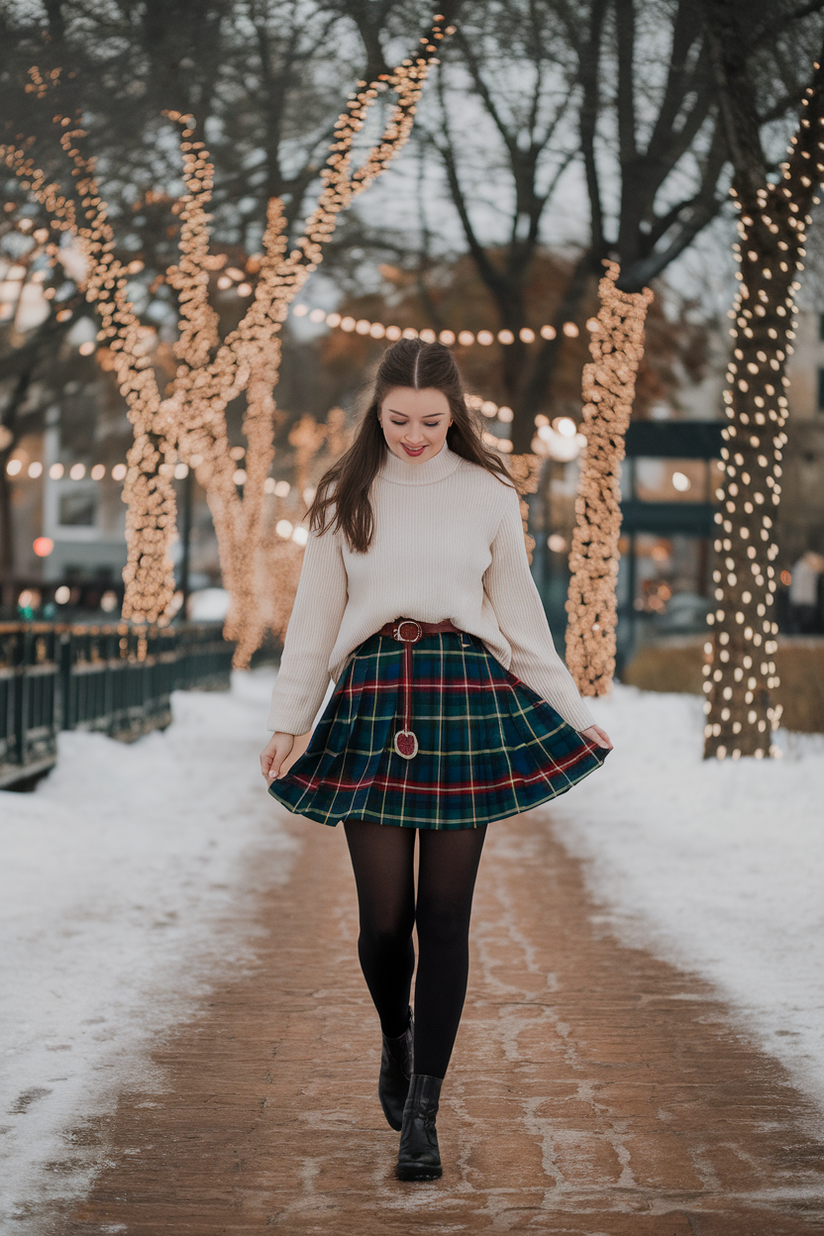 Woman in a tartan skirt, cream sweater, and black boots on a snowy, festive park path.