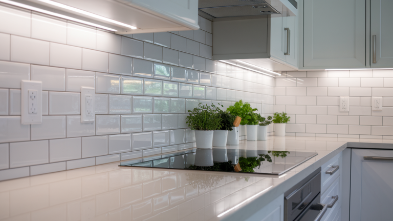 A kitchen backsplash with glossy white subway tiles, soft under-cabinet lighting, and white quartz countertops, with potted herbs adding color.