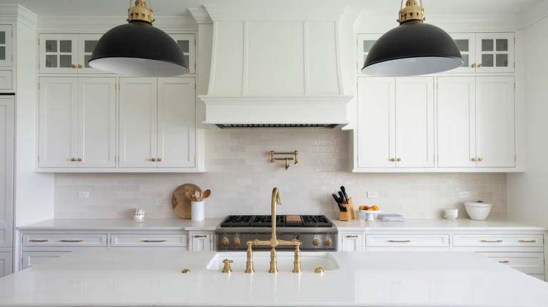 A kitchen with white shaker-style cabinets, gold hardware, a farmhouse sink, and a white marble island under black pendant lights.