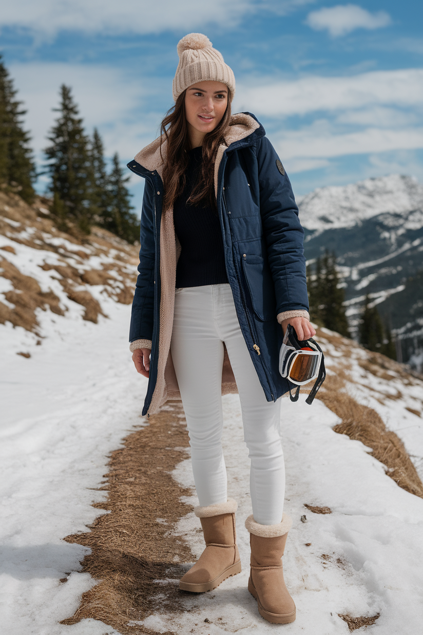 Navy padded coat with white skinny jeans and beige shearling-lined boots.