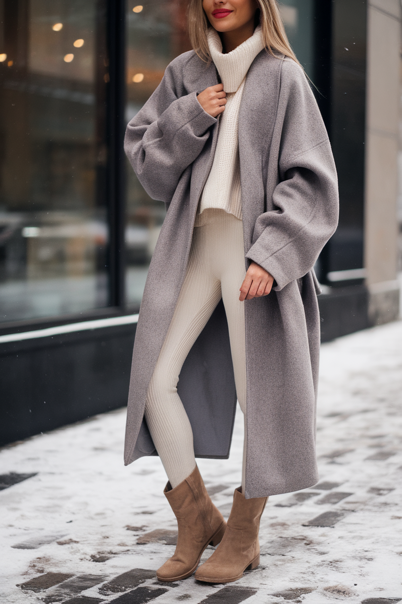 Beige suede low boots with cream knitted leggings and a long gray wool coat, styled for a winter city setting.