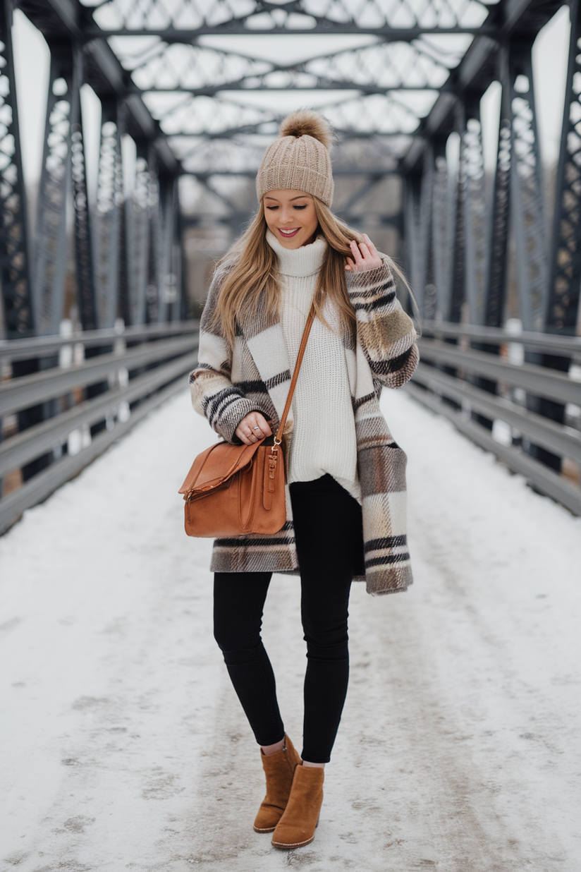 White turtleneck sweater with plaid coat, black skinny jeans, and tan suede boots, accessorized with a beanie.