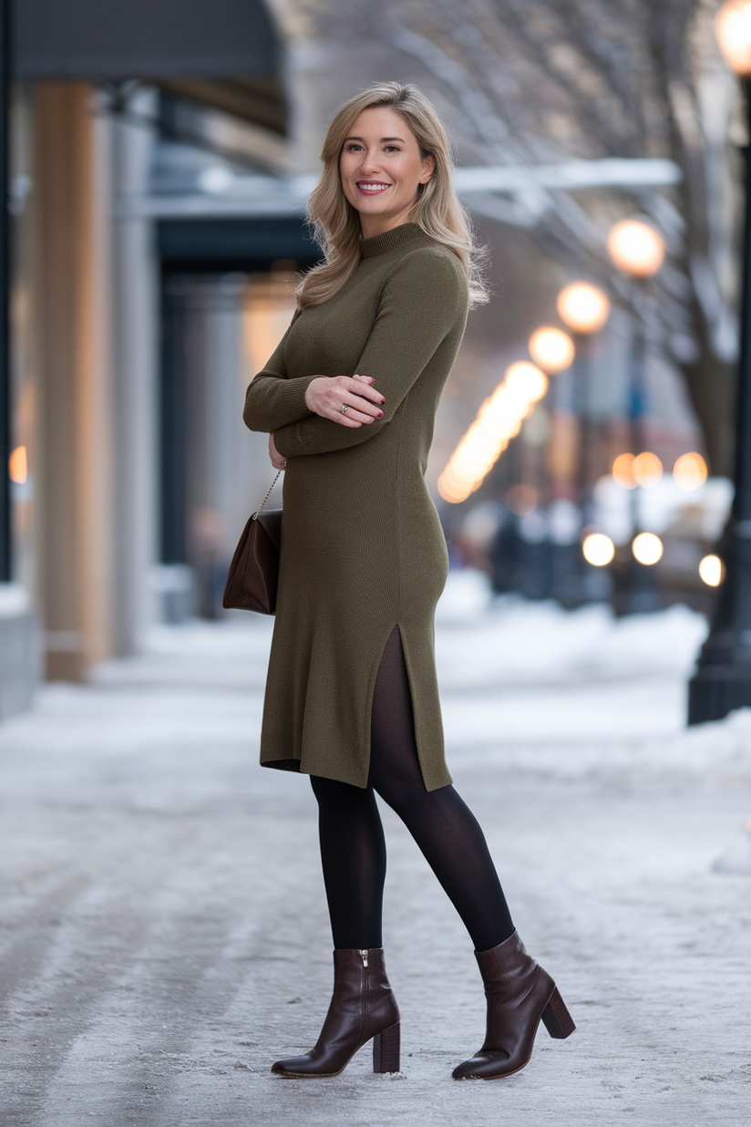 Olive green sweater dress with black tights and dark brown heeled boots.