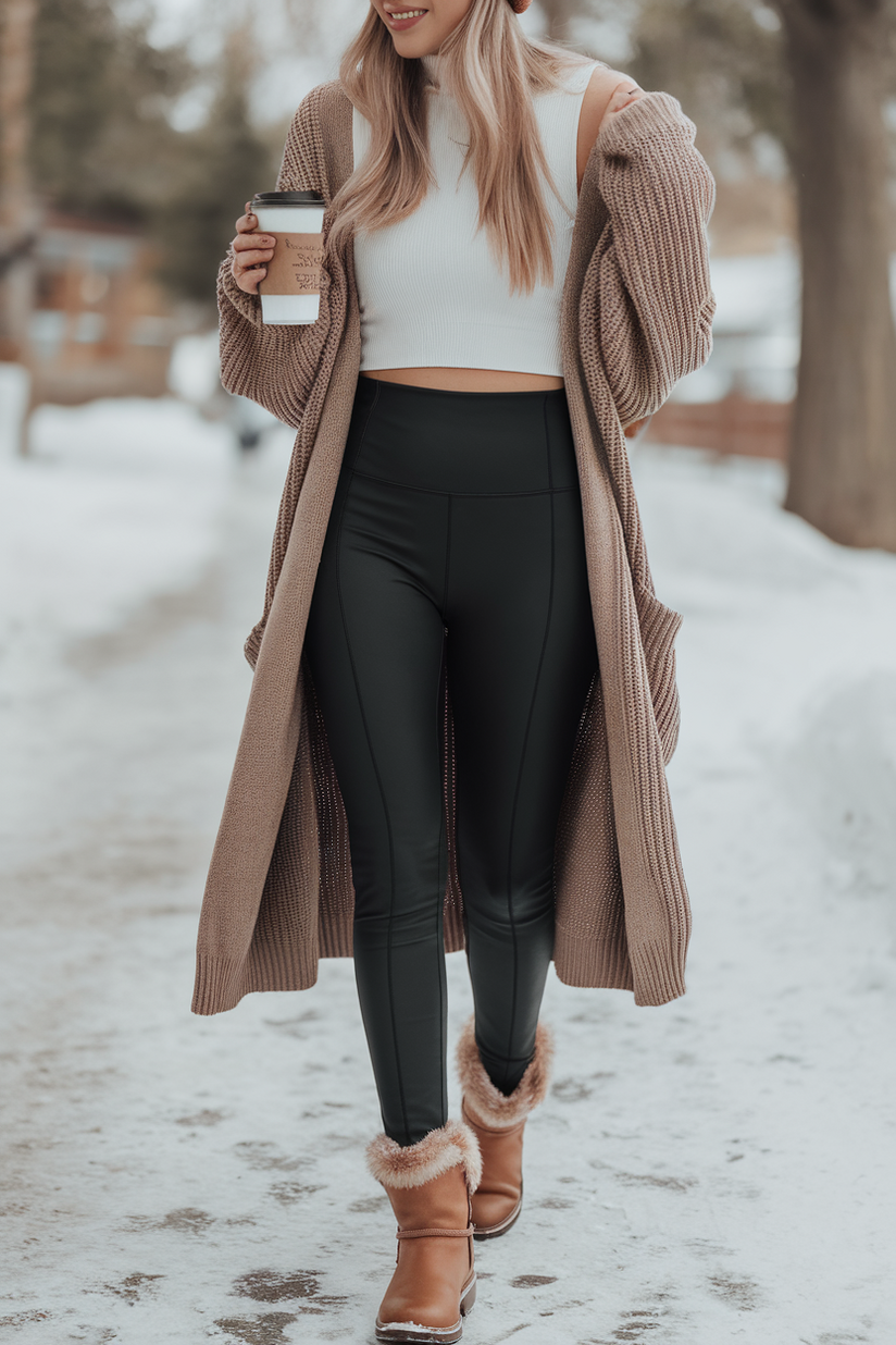 Black leggings with an oversized beige cardigan and brown fur-lined ankle boots, accessorized with a beanie.