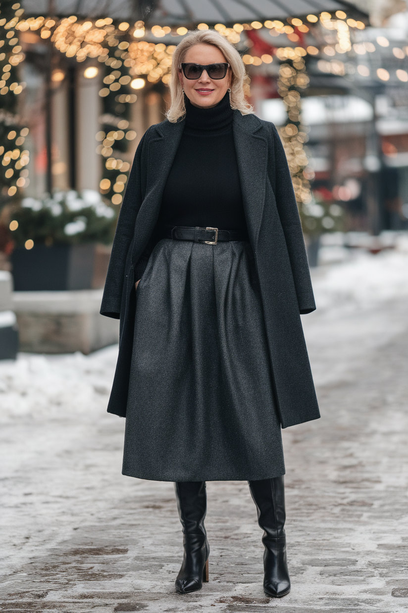 Gray wool skirt with black tights, black turtleneck sweater, and knee-high black leather boots.