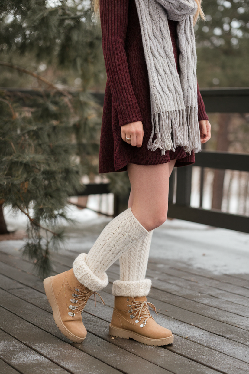 Burgundy sweater dress with cream cable-knit socks and tan lace-up boots, accessorized with a gray chunky scarf.